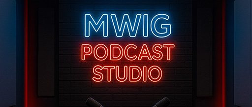 MWIG Podcast Studio – professionele multicamera podcast studio in België MWIG Podcast Studio België – moderne podcast- en videostudio met neon logo, professionele audio en multicamera setup